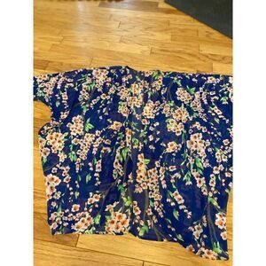 Women's blue oversized short sleeve Floral Sheer open Kimono Cardigan sz medium